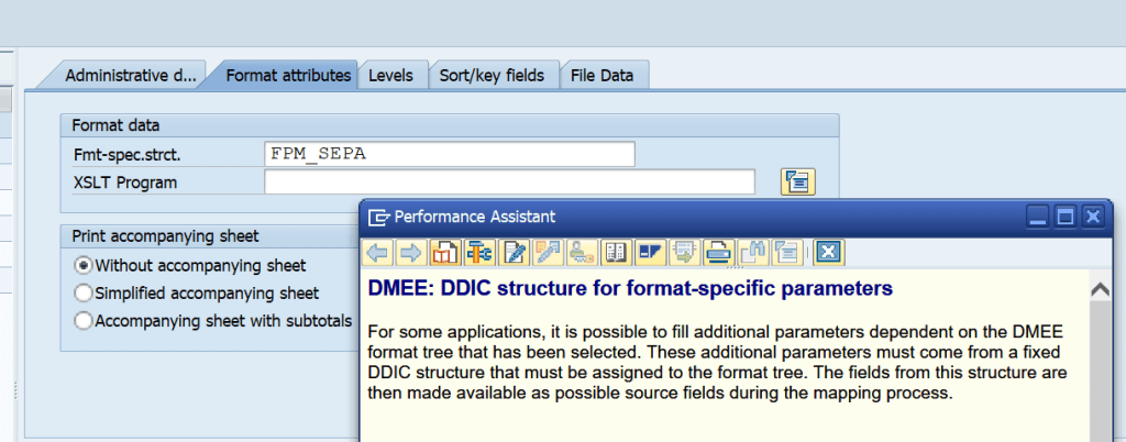 What is the use of the FPM_SEPA structure fields XMLNS and XSI in SAP DME Tree Properties Format Attributes Tab?